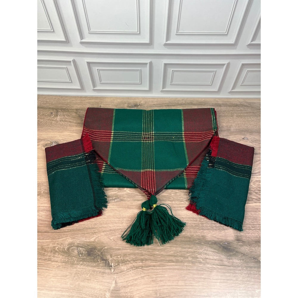 Table Runner Placemat Red Green Gold Tassels Christmas Tartan Plaid Set of 3